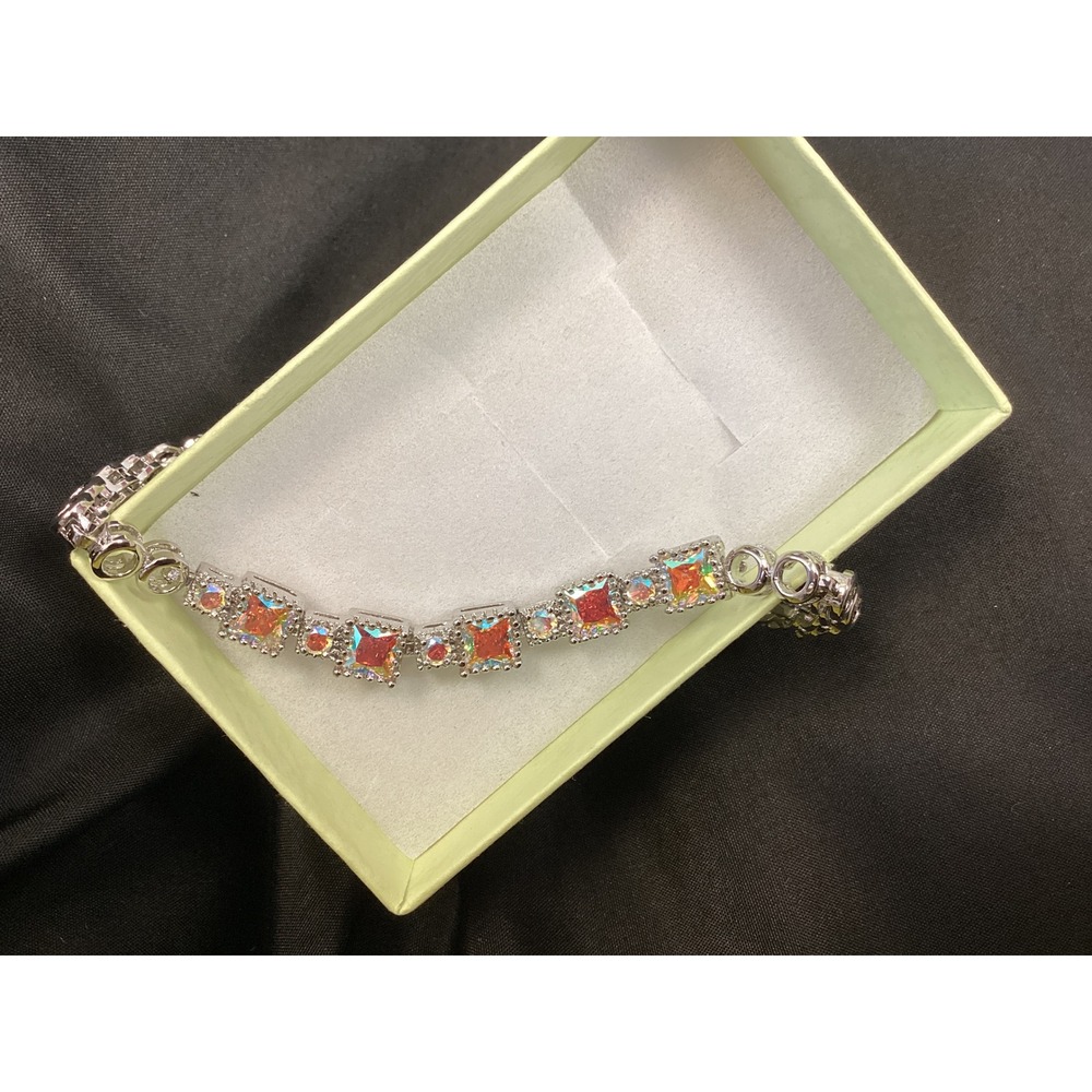 Aurora‎ Borealis Bracelet Silver Tone Square Crystal Adjustable Extender